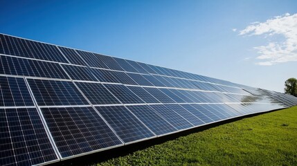 A field of solar panels absorbing sunlight under a clear blue sky, producing clean energy.