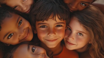 Obraz premium Closeup face of happy multiethnic children embracing each other and smiling at camera. Team of smiling kids embracing together in a circle. Portrait of young boy and pretty girls looking at camera.