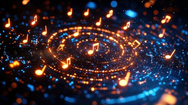 Glowing musical notes swirl in vibrant blue and orange