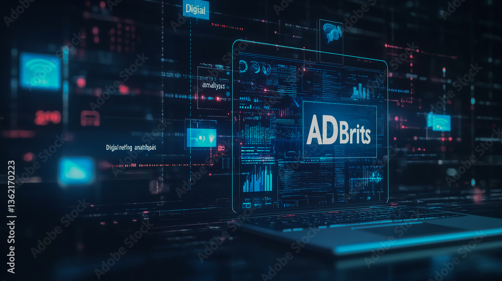 Poster 3d rendering of digital marketing analysis dashboard with a laptop and data visualization icons