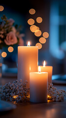 Candles lit on table, bokeh lights in background, floral arrangement Warm, inviting scene