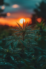 Cannabis plant in field at sunset, droplets on leaves, orange sky in background