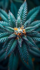 Cannabis bud showcases orange hairs amid leafy green, with dark, vibrant, moody lighting and sharp detail