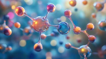 A futuristic chemistry-themed composition with floating atoms and molecular chains.