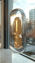 Capsule sculpture Golden interior, clear shell, urban background