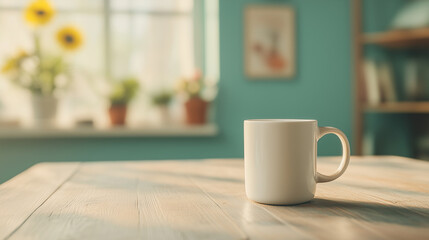 Fototapeta premium Bright morning with a white mug resting on a wooden table in a sunny room decorated with flowers and plants 