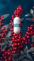 Capsule with blue beads atop red berries against dark background