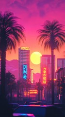 Futuristic Sunset Cityscape with Retro Aesthetics