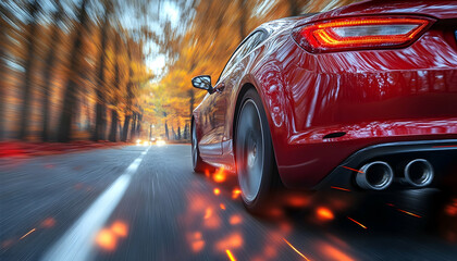 Car speeding down autumn road with blurred motion