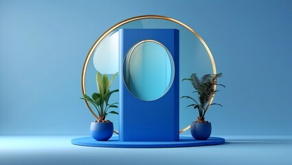 Modern blue podium stand with glass backdrop