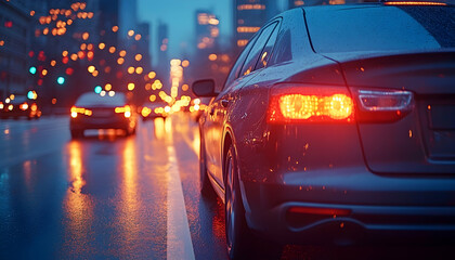 Car tail lights in city traffic at night