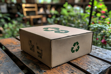 Cardboard box with recycling symbol on wooden slats, foliage background
