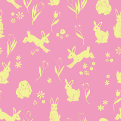 Vector illustration. Elegant and simple Easter pattern with bunnies, tulips, and floral elements on a soft pink background. Ideal for stationery, gift wrap, textiles, and digital projects.