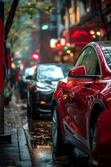 Cars on city street during a rainy day, bokeh street lights at night