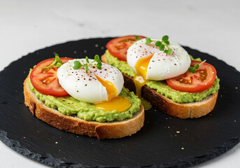Two Slices Avocado Toast Topped Poached Egg and Tomato Slices