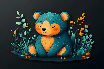 Cartoon bear illustration sitting in tall grasses and tiny flowers on black background