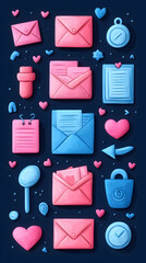 Cartoon assortment of pink and blue mail, hearts, and icons on a dark background