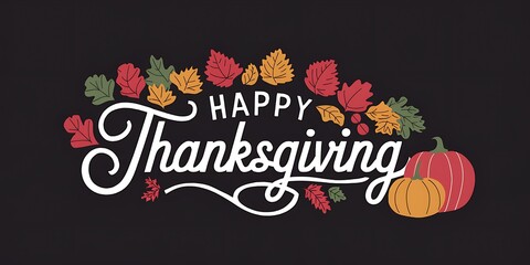 Elegant Thanksgiving celebration background featuring stylish white cursive lettering vibrant autumn leaves pumpkins golden wheat and soft glowing lights on deep black backdrop.Thanksgiving typography