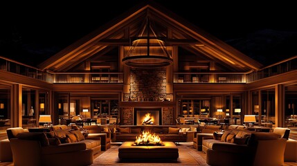 Luxurious chalet living room at night with large fireplace and outdoor fire pit.
