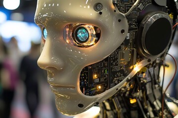 Fototapeta premium Futuristic robot head displaying advanced technology at a tech exhibition event