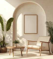Minimalist living room with armchair, plants, and blank poster.