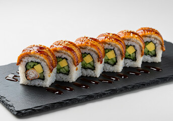 Unagi Sushi Rolls on Dark Slate Plate Closeup of Delicious Japanese Cuisine