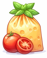 Cartoon cheese bag with basil, plus whole and halved tomato icons