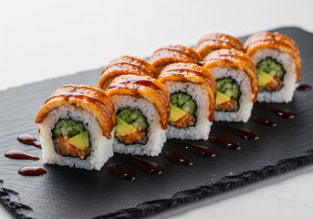 Unagi Sushi Rolls on Dark Slate Plate with Soy Sauce Garnish