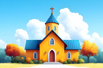 Cartoon church stands sunny day, fall leaves & blue sky