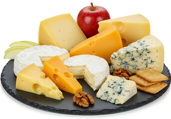 Variety of Cheeses with Apple and Crackers on Dark Stone Plate