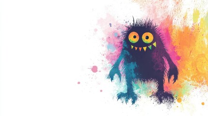 Fototapeta premium A playful and spooky greeting card scene featuring a cute cartoon monster with a colorful silhouette against a white background._00003_ illustration