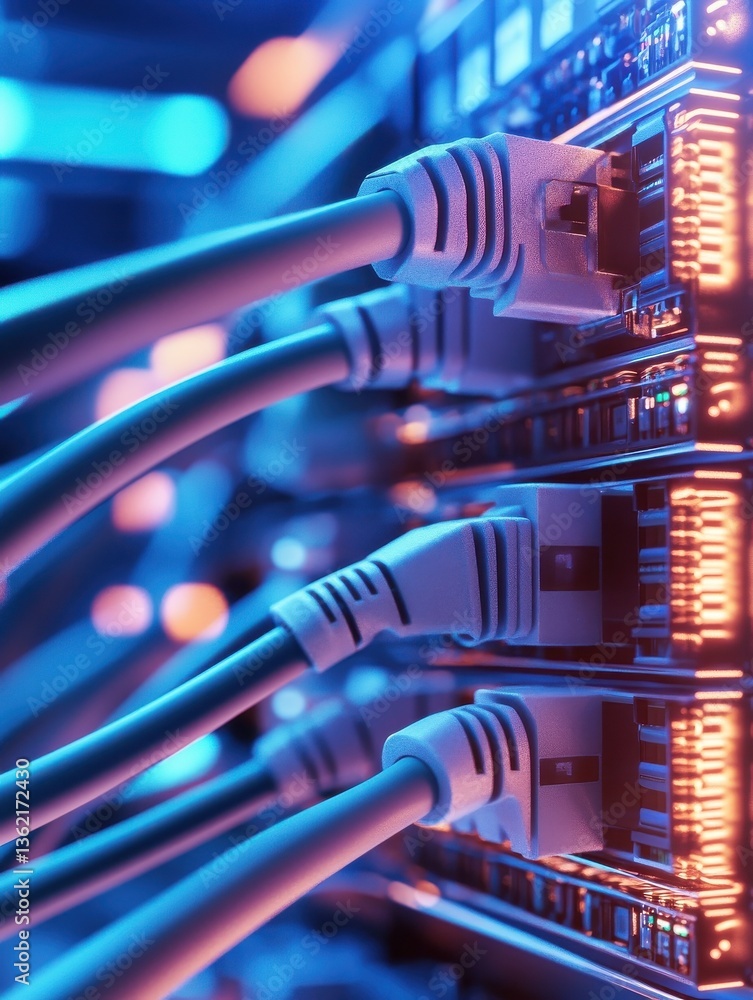 Poster close-up of data cables connected to a server. concept of high-speed internet, data transfer, and mo