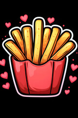 Cartoon fries in a red container surrounded by pink hearts on a black background