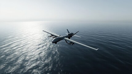 High-resolution image showcasing a navy drone soaring above the vast expanse of the ocean