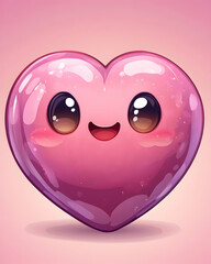 Cartoon heart with big eyes, smiling on pink background
