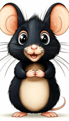 Cartoon illustration of a cute, black mouse with big ears and eyes smiling