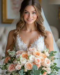 Bride in lace dress holds peach bouquet, soft focus
