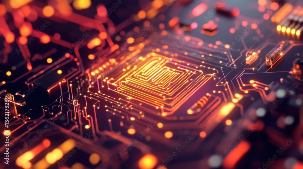 Poster a futuristic quantum computing chip glowing with intricate circuits and energy flow.