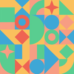 An abstract grid of diverse geometric shapes: A contemporary geometric grid pattern with a variety of shapes in each square. The clean lines and structured composition.