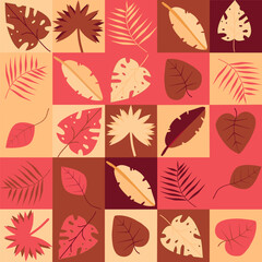 The colorful foliage : A dynamic and colorful tropical leaf arrangement within a square grid. The rich hues and vibrant foliage capture the essence of summer, tropical vibes, and exotic nature.