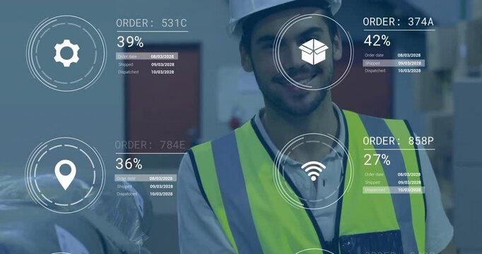 In warehouse, worker using digital order tracking interface wearing safety gear