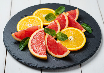 Vibrant Citrus Fruit Slices on Dark Stone Plate