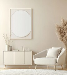 Minimalist living room with armchair, sideboard, pampas grass, and framed circle artwork.