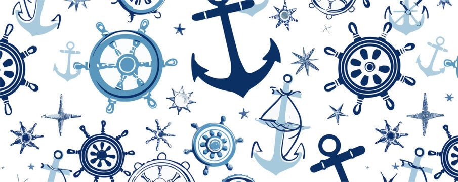 Nautical themed seamless pattern with anchors and ship wheels.