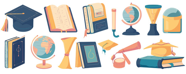 Educational symbols and tools illustrated in vibrant colors.