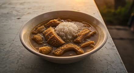 Serving Tripe Stew with Rice Bowl at Sunset for Dinner