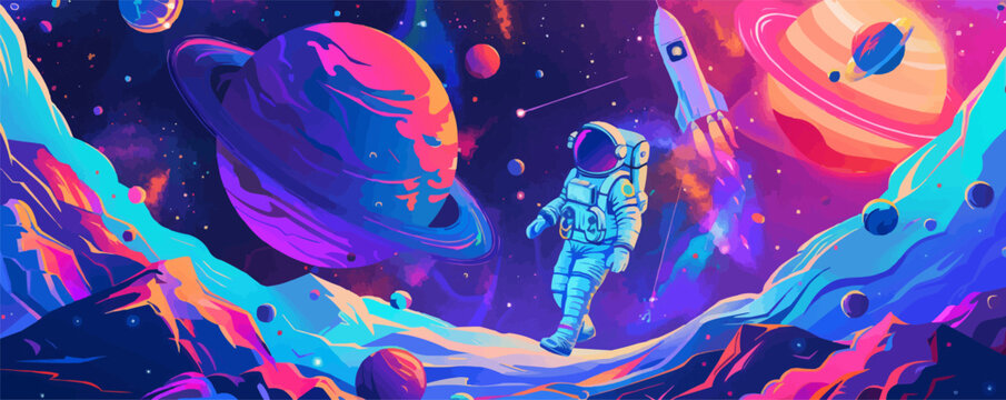 Colorful astronaut journey through vibrant cosmic landscape with planets and rocket.