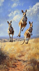 Naklejka premium Three kangaroos jumping in front of a blue cloudy sky