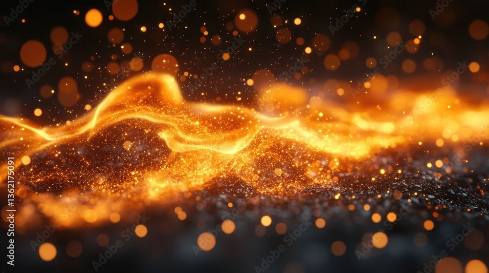 Poster an abstract glowing fiery wave with floating particles is shown