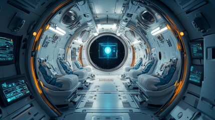 Interior of a spaceship, tech-infused astronaut pods, floating holographic screens, and digital touchpads 